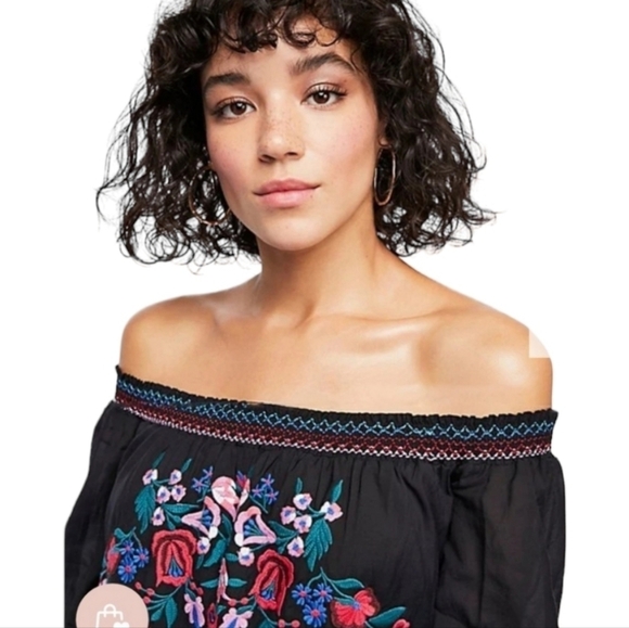 Free People Sunbeams Floral Embroidered Black Off The Shoulder Mini Dress - Picture 2 of 10